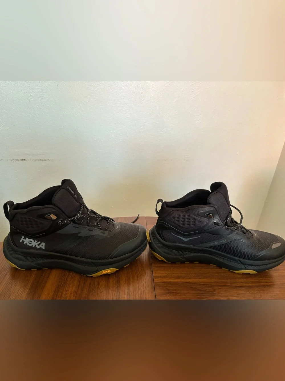 Hoka One One Men's Transport Black GTX Boots with Yellow Outsole Accents